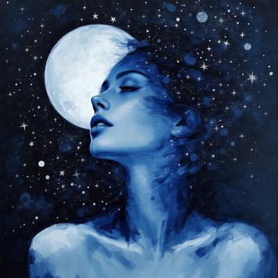 The primary subject of the image is a woman with long hair, who is looking up at the night sky. She is surrounded by a beautiful blue background, which adds to the serene and peaceful atmosphere of the scene. The visual style of the image is a combination of digital art and illustration, creating a captivating and artistic representation of the woman and her surroundings. The colors in the image are predominantly blue, which further enhances the calming and tranquil mood of the scene.